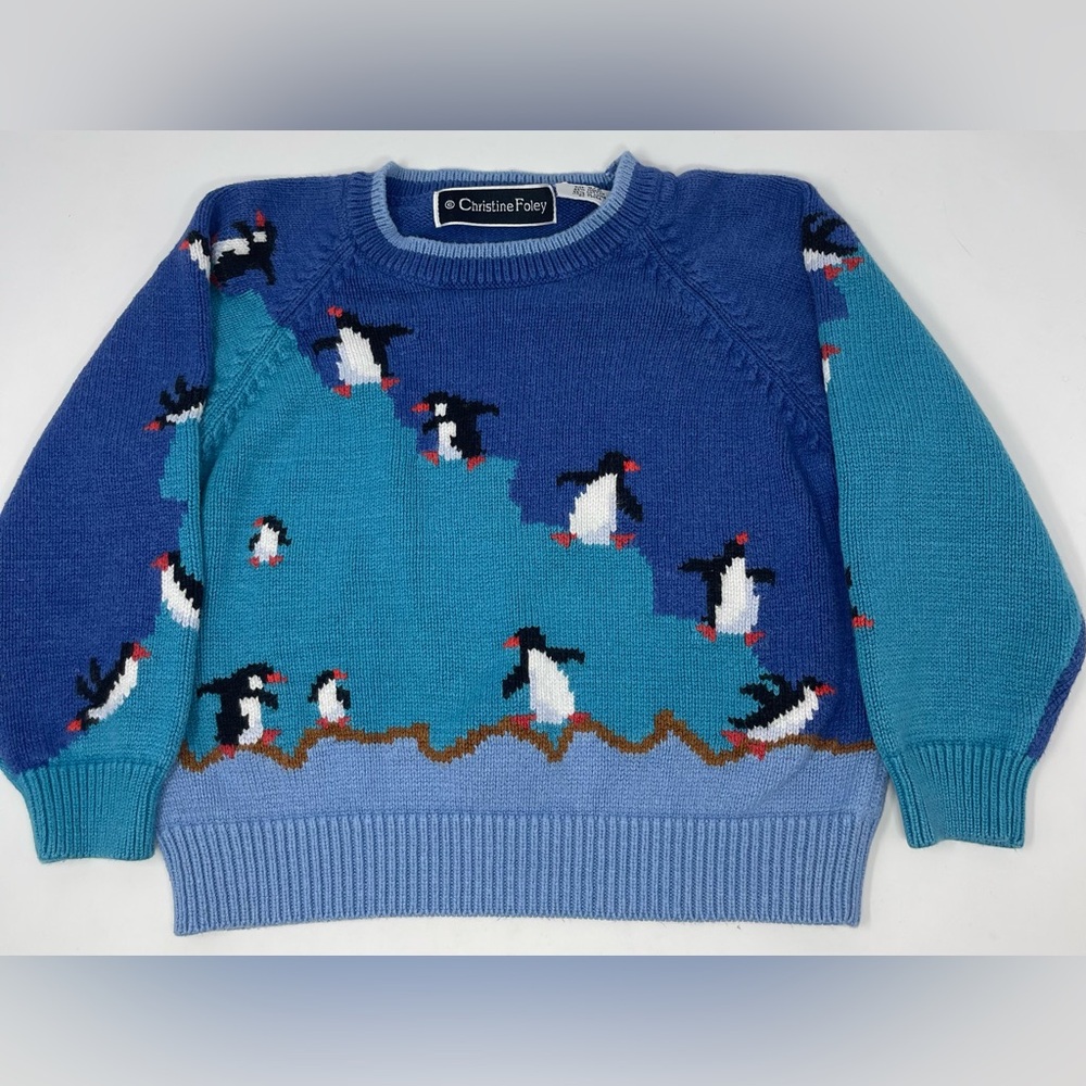 CHRISTINE FOLEY: Penguin Sweater, Kids Size 5/6 Hand knit, Crewneck